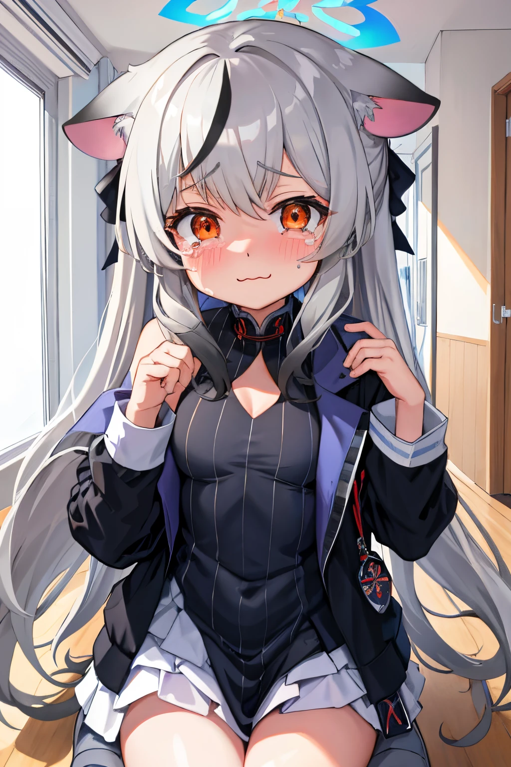 tmasterpiece, best qualtiy, ultra - detailed, 1girll,Gray hair Kokona, inside in room, Orange eye, :3,the face, tears, closeup cleavage, at school