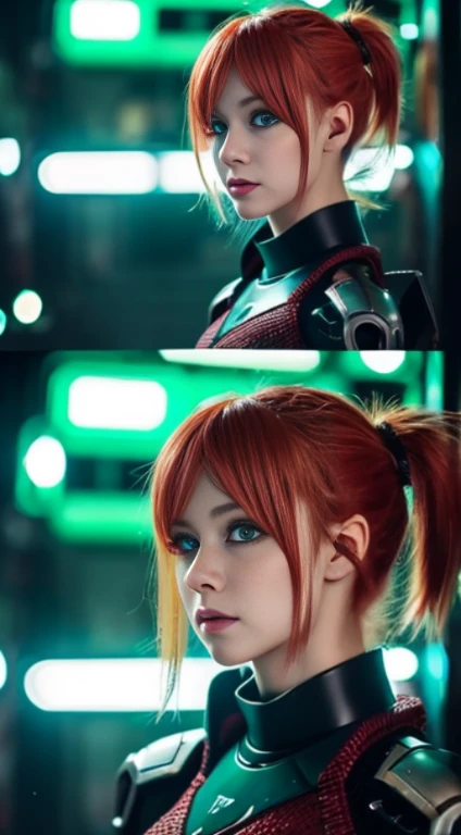 hightquality、8K,A half body、poneyTail、Young redhead、cyberpunked、mechanical suit、Green eyes、(Cinematic aesthetics:1.4)