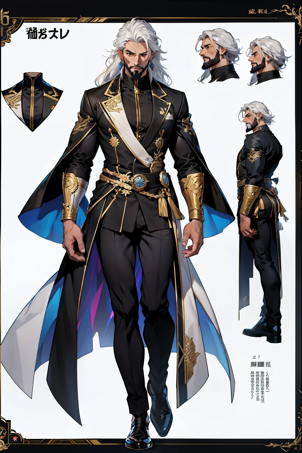 dark skin man, male, black eyes, white hair, long hair, anime style, 4k image, full body, holographic background, Character sheet, Handsome male. Perfect face, 6 ft 5 tall middle aged man. White hair. Long hair. Grey eyes. Beard. Eyepatch. Earrings. Toned body. Muscular male, character design sheet,full bodyesbian, Full of details, body front view, body back view, Full body, muscle body, Formal Fantasy clothes. ((Masterpiece, Highest quality)), Detailed face, character design sheet, full bodyesbian, Full of details, frontal body view, back body view, Highly detailed, Depth
