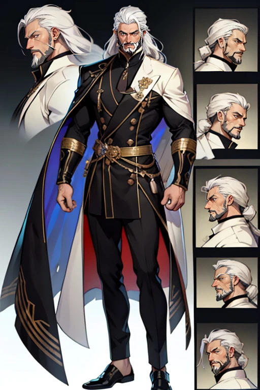 dark skin man, male, black eyes, white hair, long hair, anime style, 4k image, full body, holographic background, Character sheet, Handsome male. Perfect face, 6 ft 5 tall middle aged man. White hair. Long hair. Grey eyes. Beard. Eyepatch. Earrings. Toned body. Muscular male, character design sheet,full bodyesbian, Full of details, body front view, body back view, Full body, muscle body, Formal Fantasy clothes. ((Masterpiece, Highest quality)), Detailed face, character design sheet, full bodyesbian, Full of details, frontal body view, back body view, Highly detailed, Depth