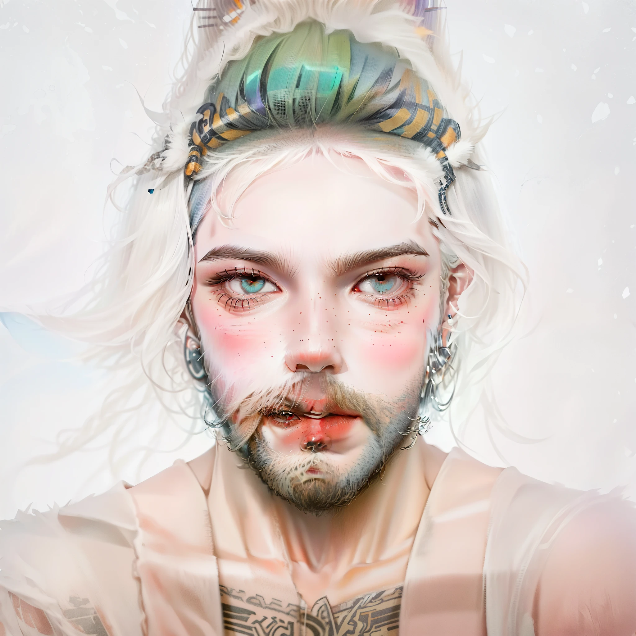 arafed man with a beard and a green mohawk, twitch streamer / gamer ludwig, color photograph portrait 4k, face with beard, portrait of crazy post malone, intricate heterochromia sad, with serious face expression, short facial hair, scruffy facial hair, angry looking at camera, shaved beard, portrait shot 8 k, color portrait, symmetric portrait