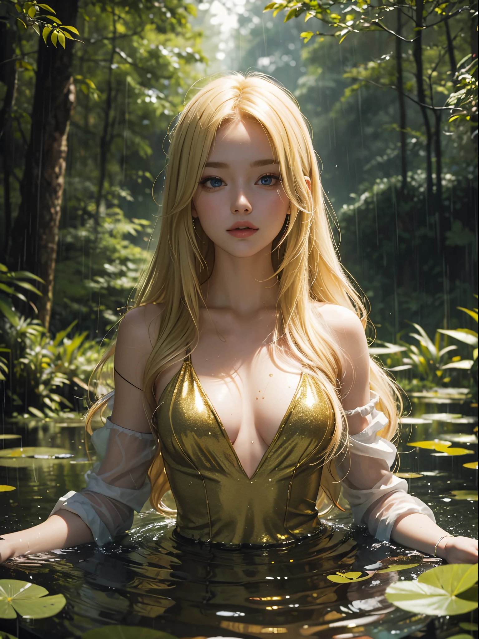 in the middle of a lake, an imposing goddess is standing on a large stone. She has long white hair and wears majestic medieval war armor., with fine gold details.
armor covers your body, protecting your breasts which have rounded shapes. The rest of his body spills onto the rock in the center of the lake..
The goddess wears a crown on her head, highlighting your divine status. She emanates an aura of power, wisdom and grace, Dominating the scene with his presence.
The tranquil lake setting creates a sense of serenity and mysticism surrounding the goddess, as if she had emerged from a fantastic world.
The image is realistic and detailed, with 4K HD visual quality, capturing every aspect of the goddess's imposing figure.
I hope this more direct and objective description better captures the key details of the scene you imagined.. Por favor, let me know if you need any further clarification.