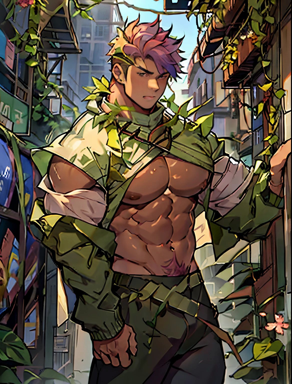 1boy,male  jacket,open clothes,short hair, rainbow hair,outdoors,looking at viewer,pants,closed mouth, extremely muscular masculine figure,off shoulder,city,muscular male,, shirtless, exploding muscle, bara, druid, vines ri, msing dancing flowers