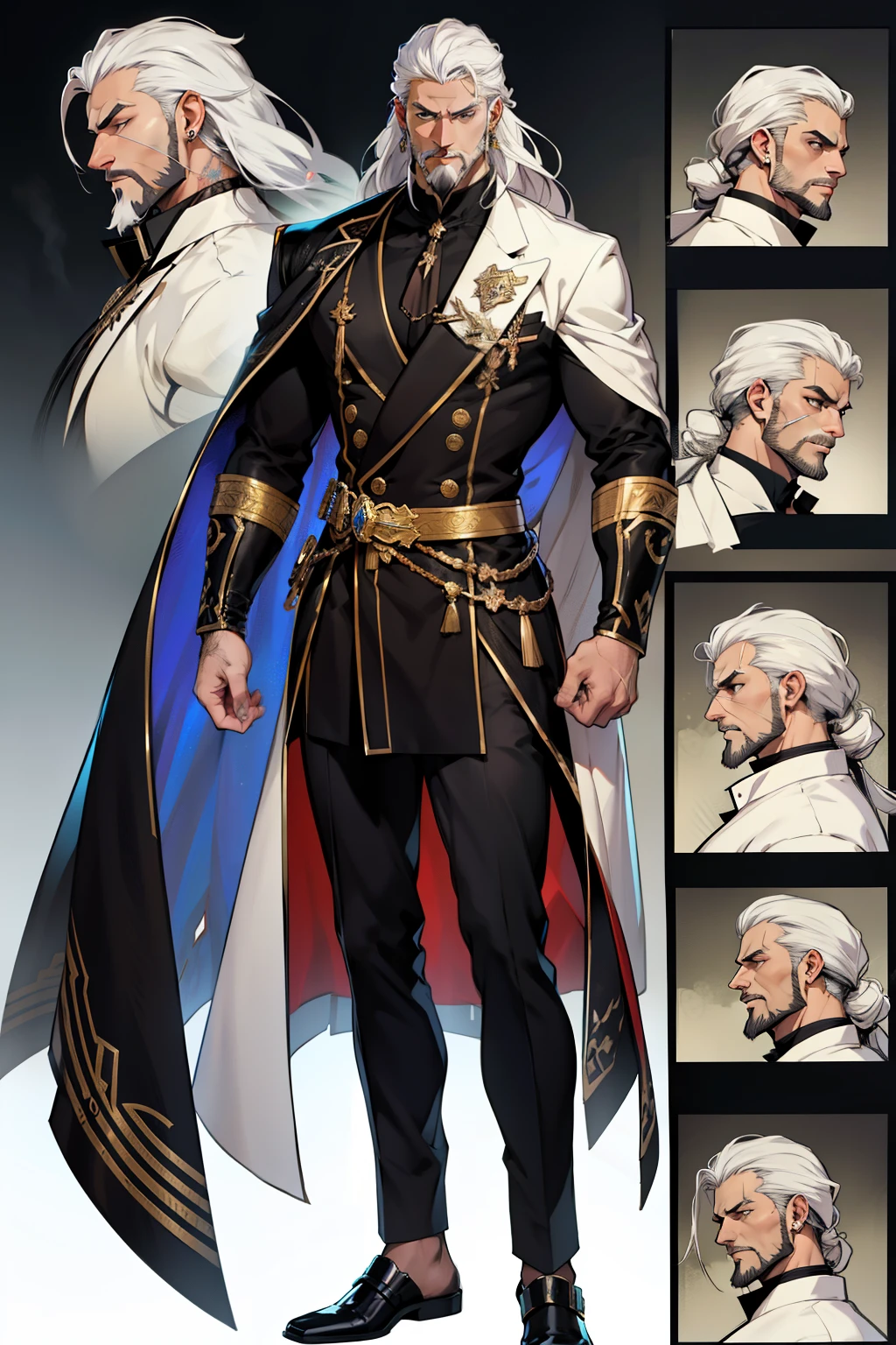 dark skin man, male, black eyes, white hair, long hair, anime style, 4k image, full body, holographic background, Character sheet, Handsome male. Perfect face, 6 ft 5 tall middle aged man. White hair. Long hair. Grey eyes. Beard. Eyepatch. Earrings. Toned body. Muscular male, character design sheet,full bodyesbian, Full of details, body front view, body back view, Full body, muscle body, Formal Fantasy clothes. ((Masterpiece, Highest quality)), Detailed face, character design sheet, full bodyesbian, Full of details, frontal body view, back body view, Highly detailed, Depth