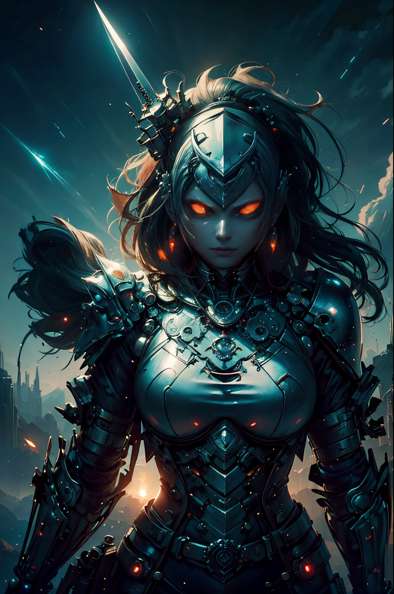 Woman with sword and armor on dark background, cyberpunk art by Yang J, cg society contest winner, Fantasy Art, karol bak uhd, 4K highly detailed digital art, 2. 5 d cgi anime fantasy artwork, anime fantasy artwork, Perfect Anime Cyborg Woman, Detailed Digital Anime Art, 4k detailed digital art, beautiful digital works of art