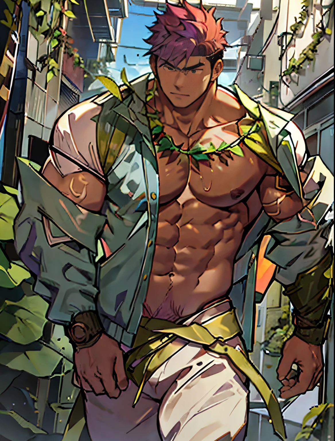 1boy,male  jacket,open clothes,short hair, rainbow hair,outdoors,looking at viewer,pants,closed mouth, extremely muscular masculine figure,off shoulder,city,muscular male,, shirtless, exploding muscle, bara, druid, vines ri, msing dancing flowers