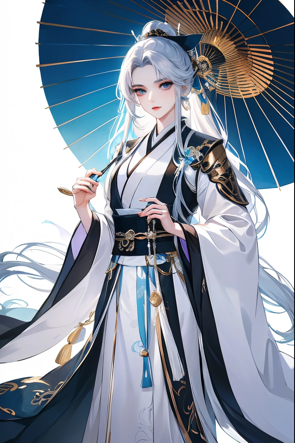 pale woman, white hair, blue eyes, lavender eyes, long hair, chinese consort, elaborate hanfu, blue hanfu, paper umbrella, woman kneeling, white peacock, petting peacock, detailed, masterpiece