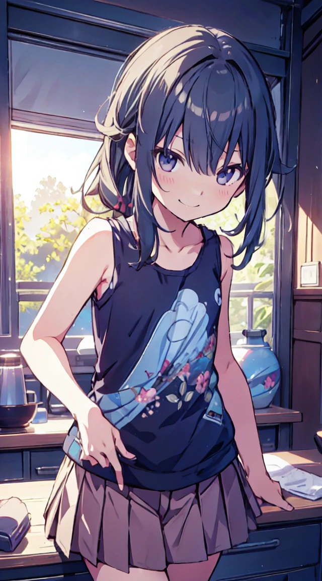 masutepiece, Best Quality,Illustration, Wallpaper, ultra -detail, 1loli、♡、Futomo、Poses in motion、A mischievous smile、Tank tops、a short skirt