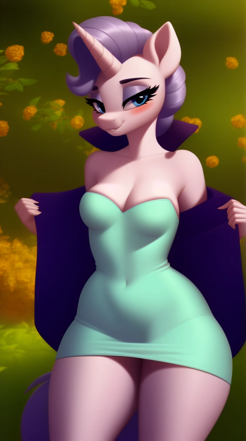 (score_9), (source_pony), (solo), ((anthro Queen Haven1.1)), (strapless white tube dress), sexy, blushing, seductive look, messy hair, lidded eyes, seductive pose, bedroom eyes, anatomically correct, night garden, small breasts, half body, solo, hourglass figure, curvy, plump body, young, short, chubby, cute, high res, facing straight at viewer,