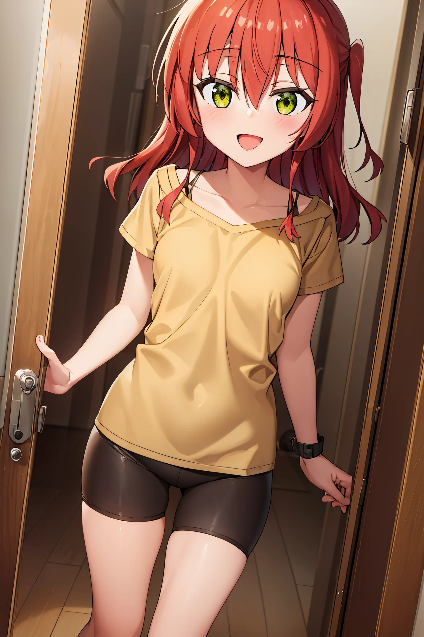 Room, 1 girl, best quality, ultra high res, long hair, red hair, green eyes, black strap, yellow shirt, short sleeves, bike shorts, looking at viewers, small breast, standing, pov, slim body, **** body, small body, smile, open mouth, removed panties, without panties,