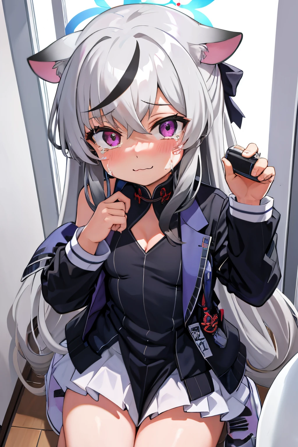 tmasterpiece， best qualtiy， ultra - detailed， 1girll，Gray hair Kokona， inside in room， Purple eye， ：3，the face， tears,   closeup cleavage,  at school