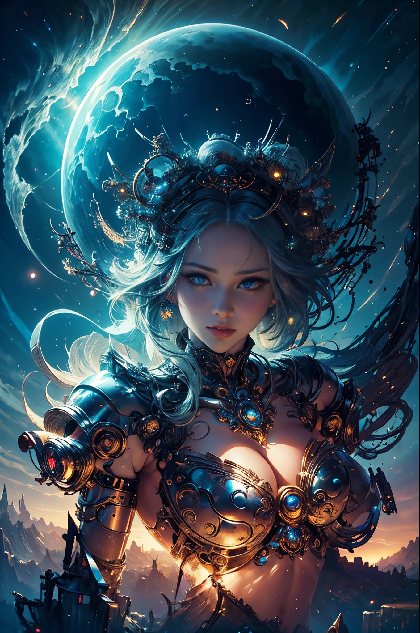 intricate ornate anime cgi style, super detailed fantasy characters, 4K highly detailed digital art, karol bak uhd, cyborg goddess in cosmos, beautiful digital works of art, 2. 5 d cgi anime fantasy artwork, Goddess. extremely high detail, portrait of cyborg queen, extremely detailed goddess shot, Half body machine, Inorganic, Next generation high performance cyborg, Goddess of Machines, Perfect cyborg, A masterpiece created by ultra-high performance AI, Best Quality, Perfect Angle, perfect-composition, sharp outline, Best Shots, perfect shapes, perfect model style, Very beautiful and detailed eyes, Hollow eyes