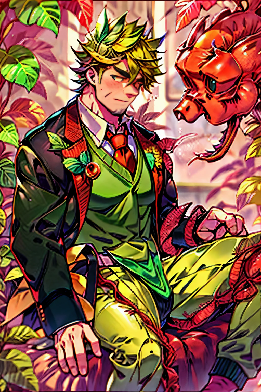 1boy,male  jacket,open clothes,short hair, rainbow hair,outdoors,looking at viewer,pants,closed mouth, extremely muscular masculine figure,off shoulder,city,muscular male,, shirtless, exploding muscle, bara, druid, vines ri, msing dancing flowers