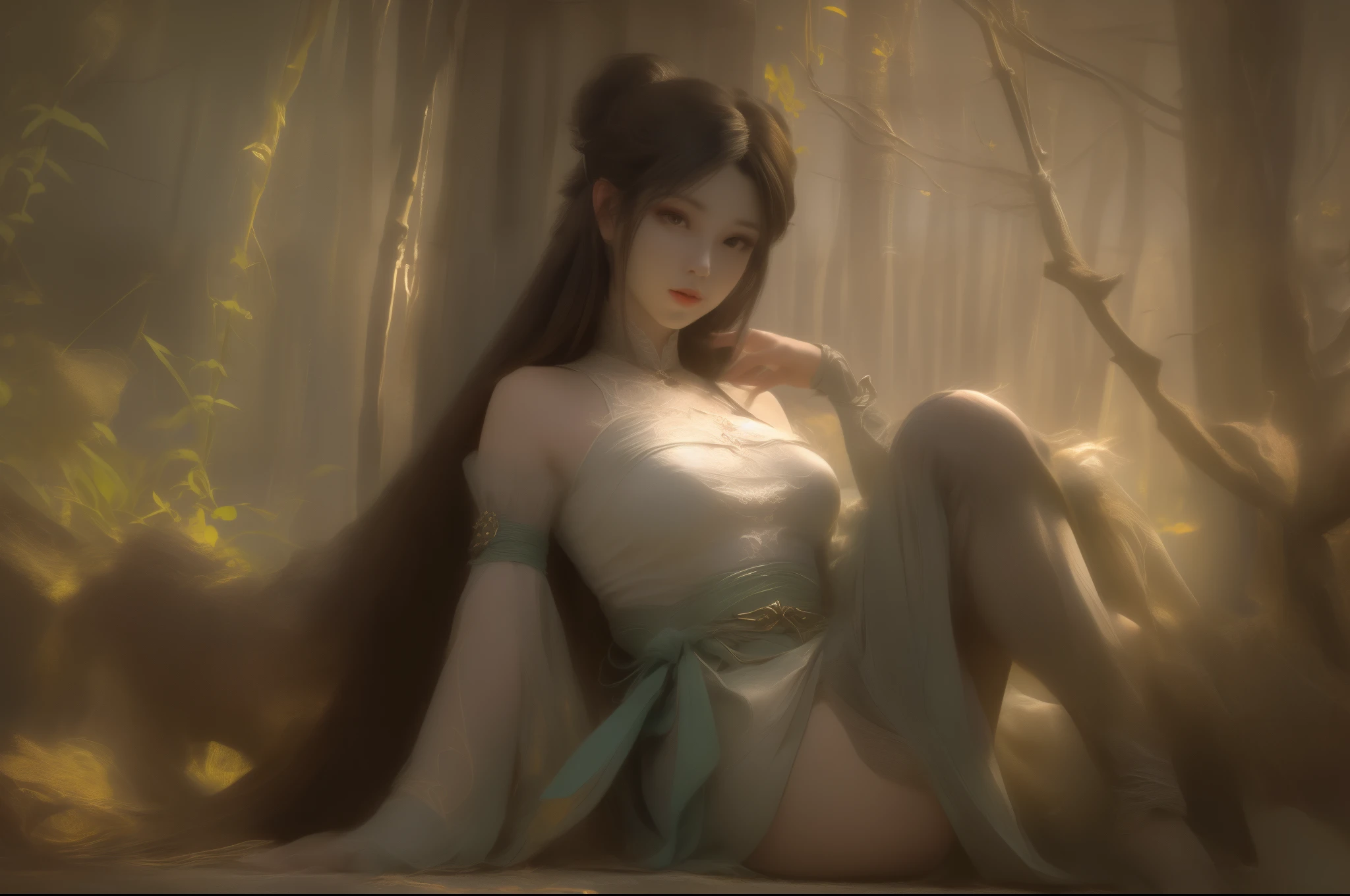 (8k, RAW Photos: 1.2), Best Quality, Illustration, Beautiful Painting, 1 Woman, Beautiful Face, legs open, Delicate Skin, Gorgeous Bun, Hair Accessories, Hanfu, Full Body, High Detail, Accent, Color Ink Painting, (((colorful)), lycoris, Sketch, Denoising, Dramatic, Cinematic, White background, Super High Resolution, Best Shadow, RAW, (HDR) (wallpaper) (Cinematic lighting) (sharp focuasterpiece, (Very detailed CG unified 8k wallpaper), gigantic breasts, green bamboo forest,