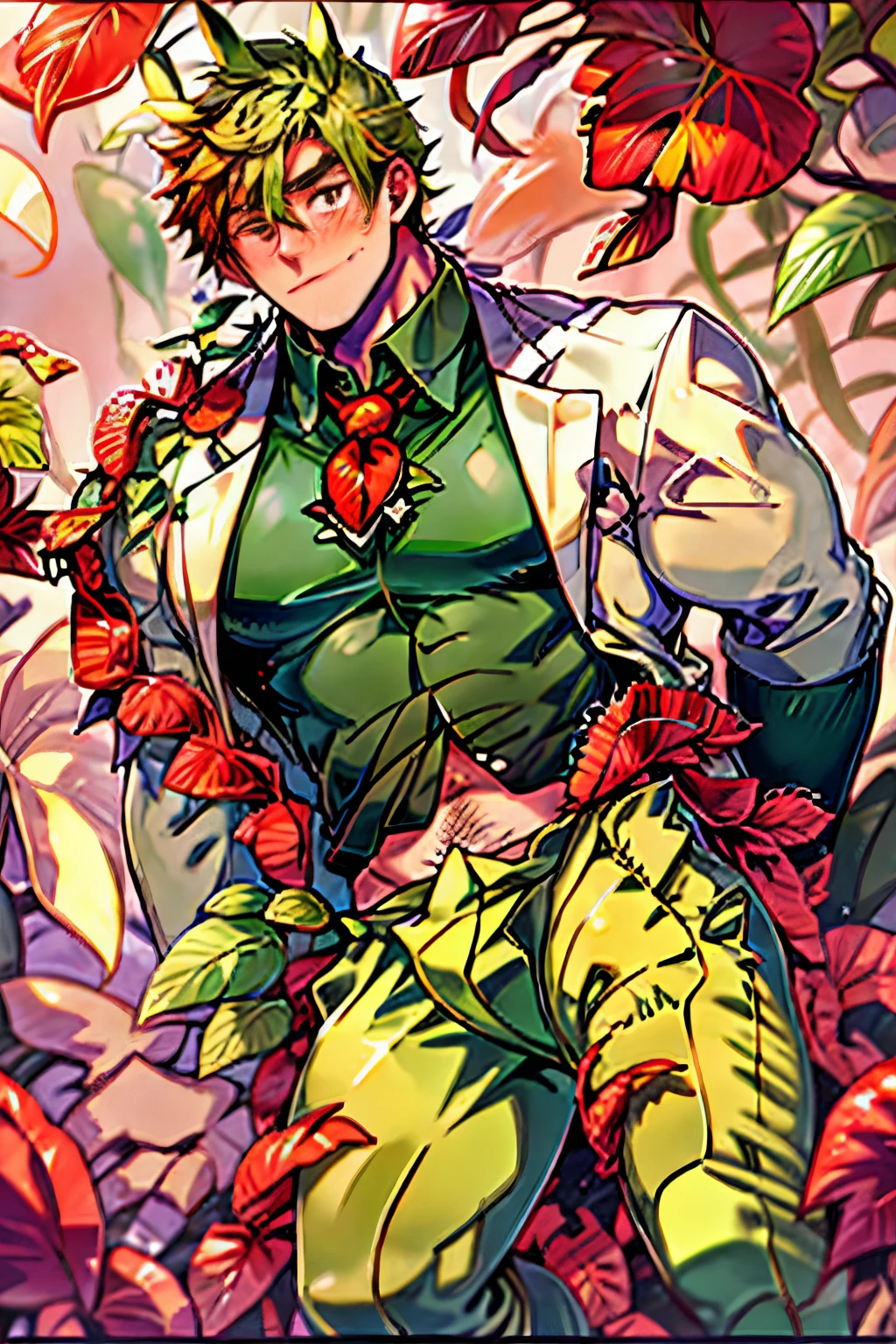 1boy,male  jacket,open clothes,short hair, rainbow hair,outdoors,looking at viewer,pants,closed mouth, extremely muscular masculine figure,off shoulder,city,muscular male,, shirtless, exploding muscle, bara, druid, vines ri, msing dancing flowers