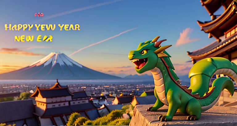 (dragon),early morning, drak,Flying Dragon,Oriental Dragon,(New Year's card),adolable,sunrises,(Happy New Year:1.5),Spring, Mt fuji,outdoor sunrise