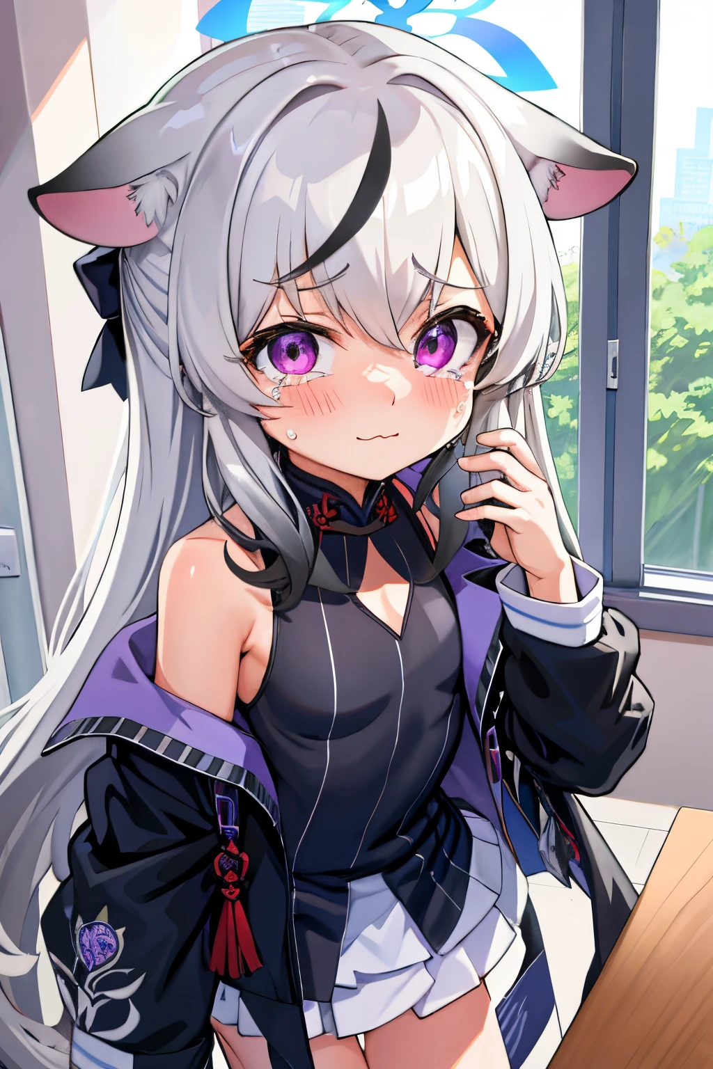 tmasterpiece， best qualtiy， ultra - detailed， 1girll，Gray hair Kokona， inside in room， Purple eye， ：3，the face， tears,   closeup cleavage,  at school