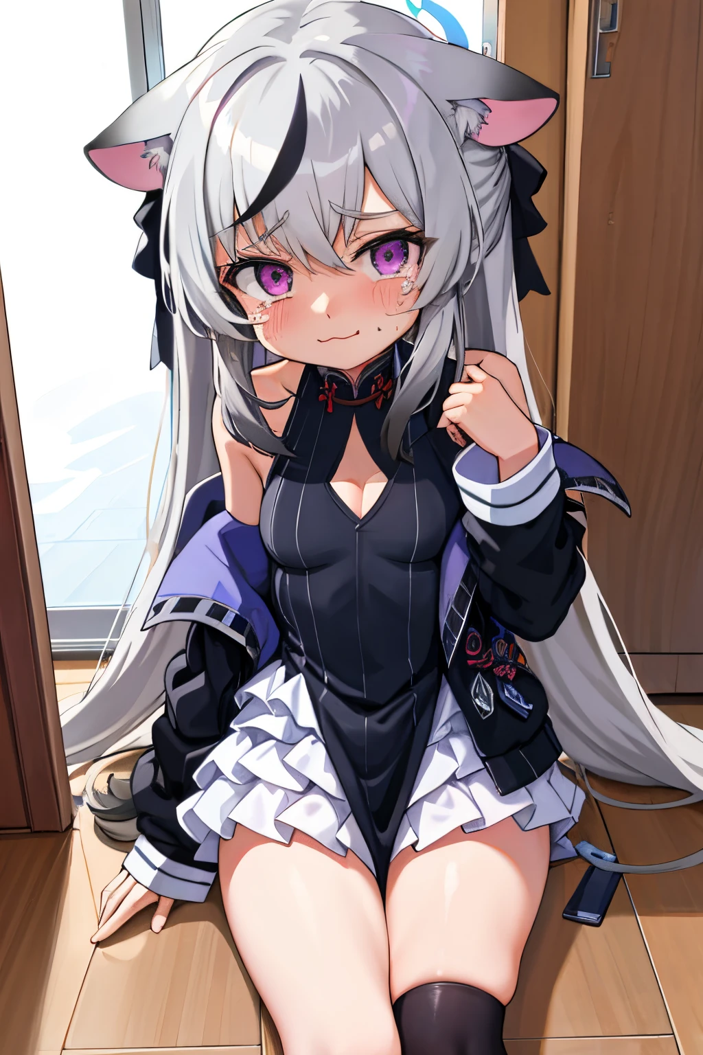 tmasterpiece, best qualtiy, ultra - detailed, 1girll,Gray hair Kokona, inside in room, Purple eye, :3,the face, tears, closeup cleavage, at school