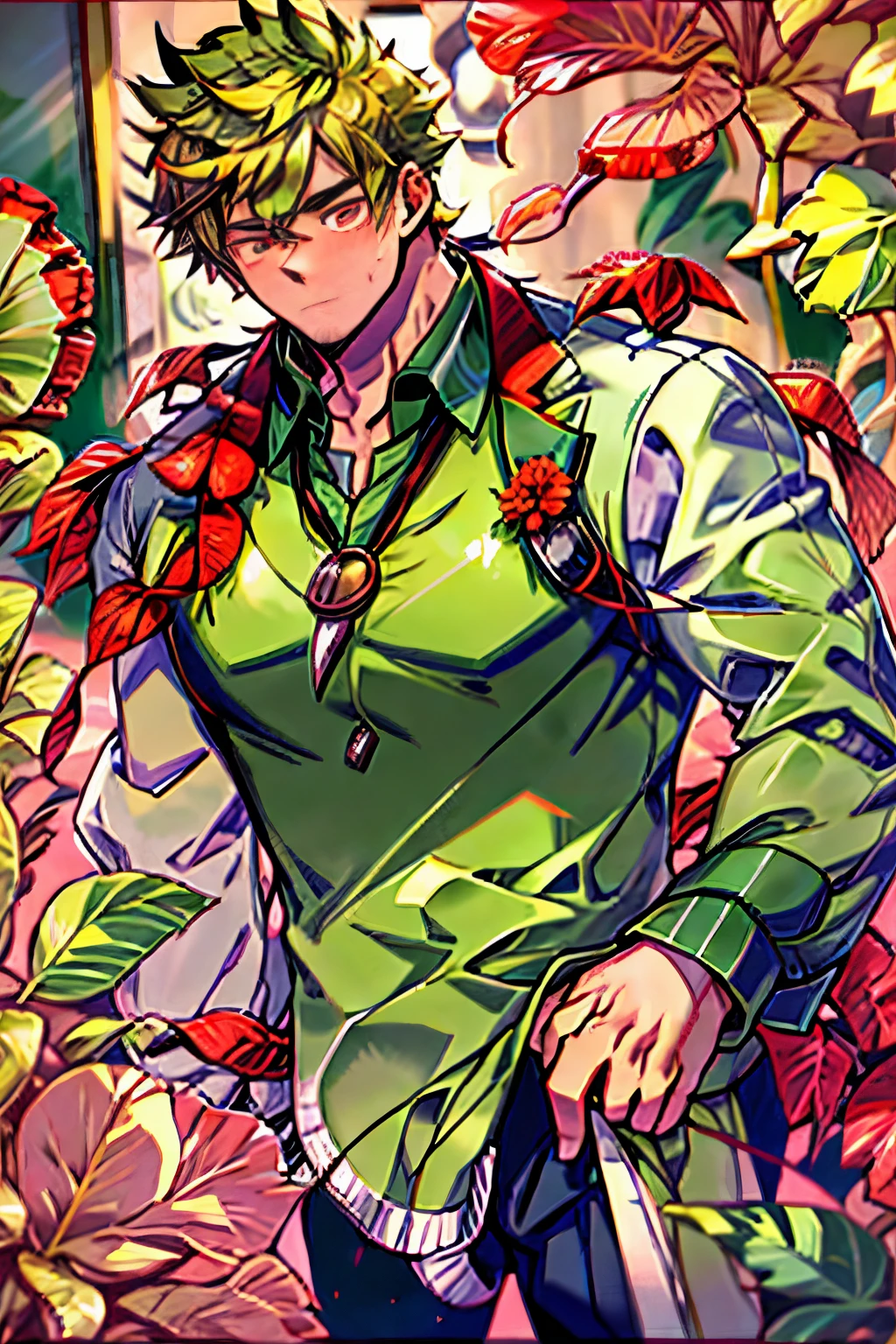 1boy,male  jacket,open clothes,short hair, rainbow hair,outdoors,looking at viewer,pants,closed mouth, extremely muscular masculine figure,off shoulder,city,muscular male,, shirtless, exploding muscle, bara, druid, vines ri, msing dancing flowers