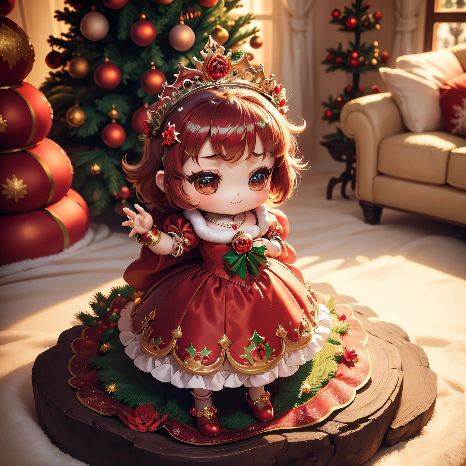 masterpiece、top-quality、ultra-detailliert、(Chibi Chara Princess:1.27),(flower tiara:1.3),richly decorated red, The green and white dress has ruffles and peplums.,The glitter shines,fairy tale living room,(Christmas tree:1.3),A smile,Full-body standing figure
