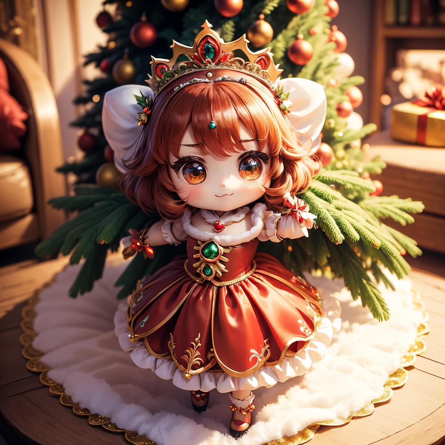 ​masterpiece、top-quality、ultra-detailliert、(Chibi Chara Princess:1.27),(flower tiara:1.3),richly decorated red, The green and white dress has ruffles and peplums.,The glitter shines,fairy tale living room,(Christmas tree:1.3),A smile,Full-body standing figure