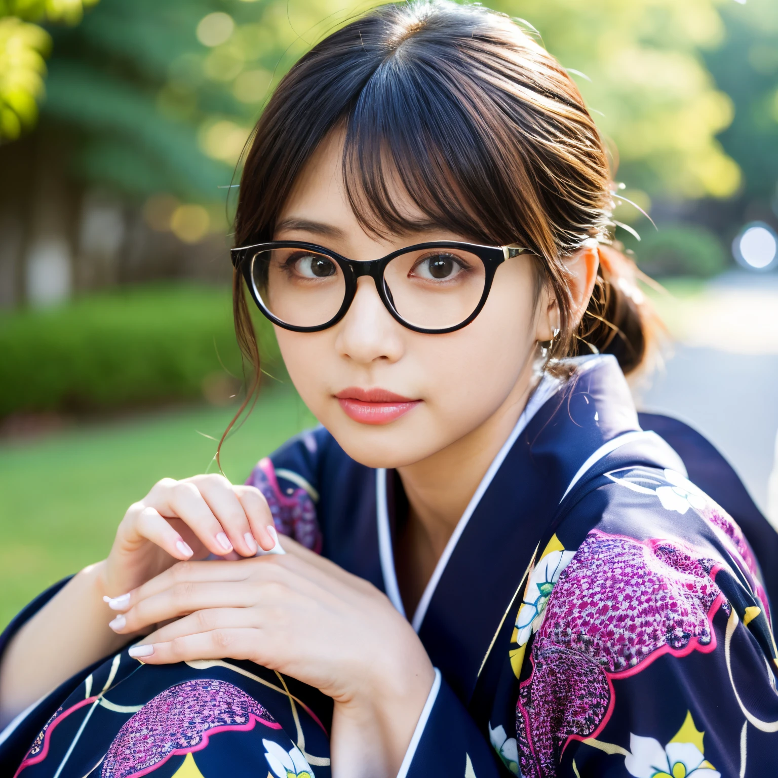 Best-quality, Masterpiece, Ultra-High-Resolution, (Photorealistic:1.4), Raw-Photo, Extremely-Details, Perfect-Anatomy, 1girl, the most popular Japanese actress, wearing gorgeous colorful Japanese KIMONO, put on glasses with cool design, detailed gorgeous colorful Japanese KIMONO, detailed glasses with cool design, looking at viewer, extremely beautiful face with glasses like a most famous Japanese actress, extremely beautiful big black solid circle eyes, extremely beautiful black hair, extremely beautiful white skins, extremely beautiful lips, extremely beautiful long eyelashes