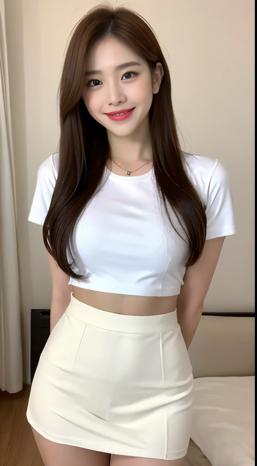 White tight shirt、White tight mini skirt、shortsleeves、a bed、a smile、high-level image quality