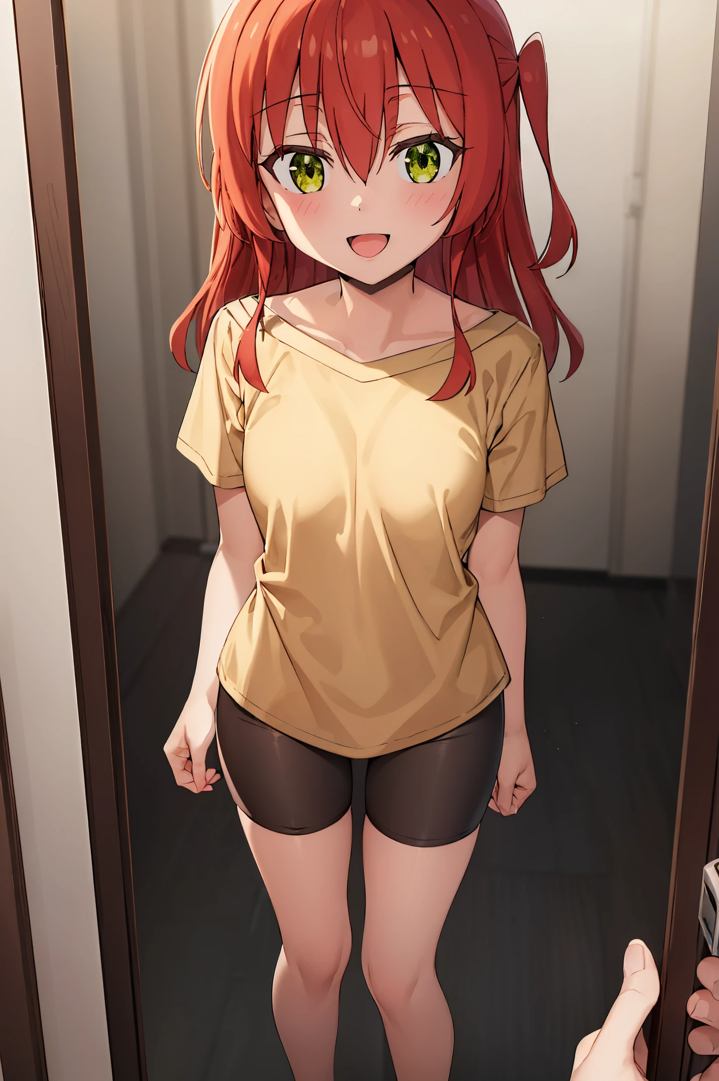 Room, 1 girl, best quality, ultra high res, long hair, red hair, green eyes, black strap, yellow shirt, short sleeves, bike shorts, looking at viewers, small breast, standing, pov, slim body, body, small body, smile, open mouth, removed panties, without panties,