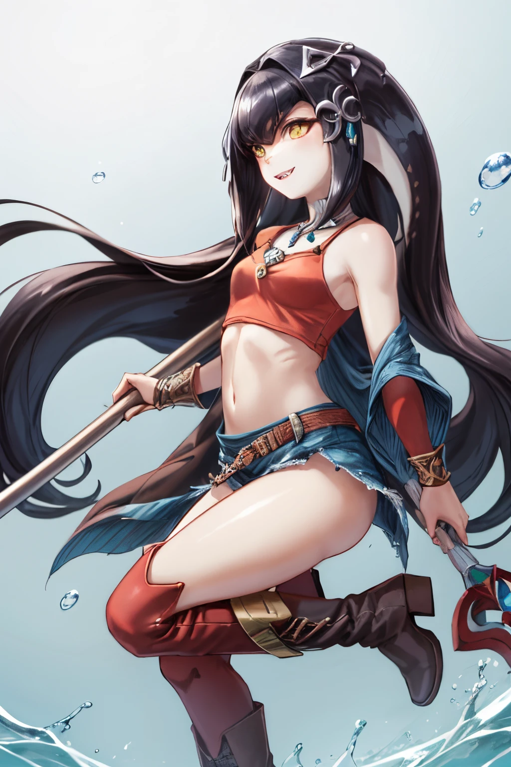 Phin has light gray skin, long pointed elfish ears, vivid salmon-colored scales on her forearms and calves, She has waist-length straight black hair, yellow eyes with thin vampiric slits for pupils. Her fangs are small but noticeable when she grins, Phin wears black ripped jeans and crimson knee-high boots, coupled with a sleeveless white armor vest edged in gold, A long black leather duster coat completes the outfit, she carries a battle-worn golden trident axe, She also wears a small Zora sapphire pendant necklace. Phin has a chill playful personality and often floats nonchalantly a foot off the ground, As a vampire-Zora hybrid she has a unique undead aquatic physiology with powers from both species, masterpiece, high quality, 4K, MarcelineWaifu, red tank top, jeans, boots, zora, nsfw