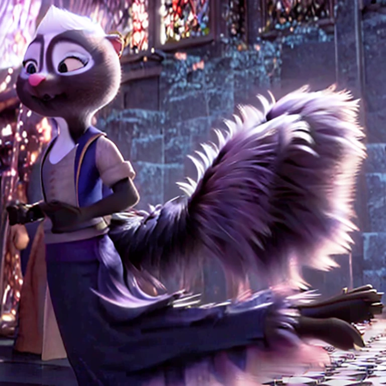 Anthropomorphic female skunk,Sentado en una silla con vestido ?????, Modelo femenina coreana, falda gris transparente, Camisa de malla, Ropa cromada, plata brillante, suerte me veo, pechos grandes, La mejor calidad,