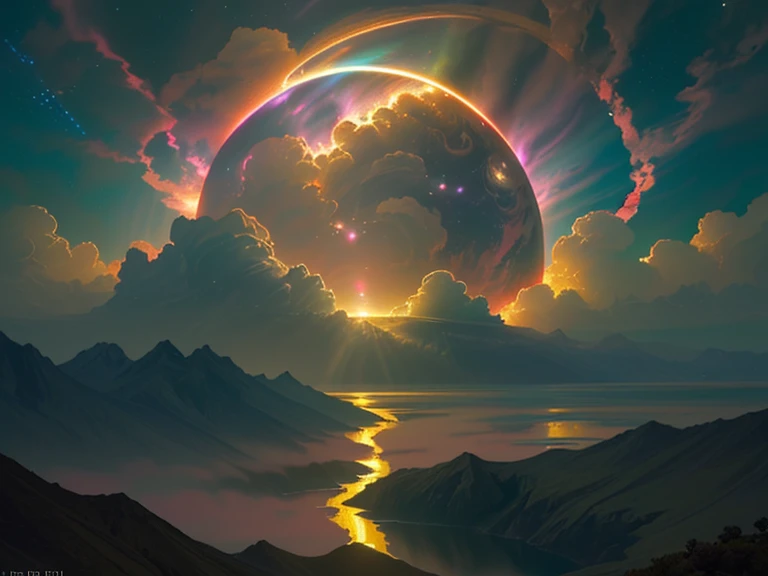 high qulity, tmasterpiece, (actual, Photorealistic:1.2) ,There are colorful clouds in the sky，There are planets，There is earth in the sky，k hd, ultra - detailed, RAW photogr, vivd colour, shimmering water(Clouds in the sky:1.3), (flashing lights:1.2),a gorgeous, Extensive and detailed。