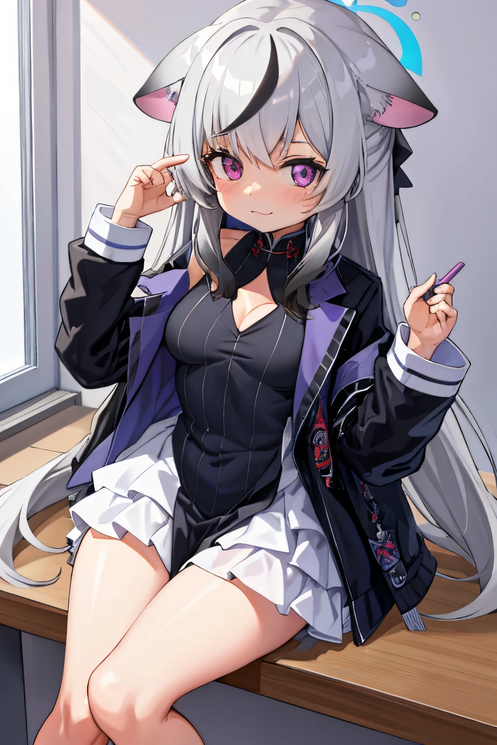 tmasterpiece, best qualtiy, ultra - detailed, 1girll,Gray hair Kokona, inside in room, Purple eye, :3,the face closeup cleavage, at school