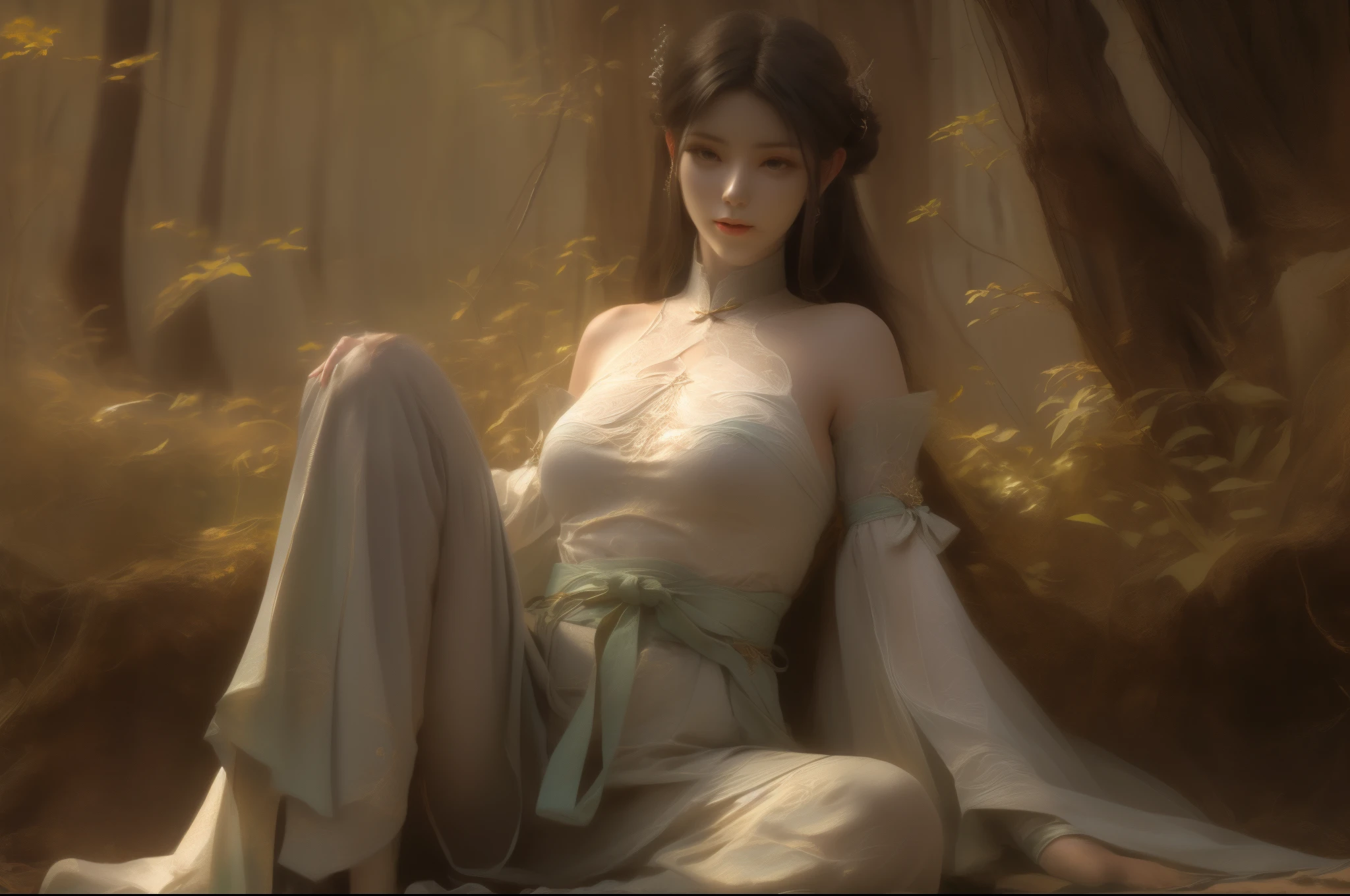 (8k, RAW Photos: 1.2), Best Quality, Illustration, Beautiful Painting, 1 sexy Woman, Beautiful Face, legs open, Delicate Skin, Gorgeous Bun, Hair Accessories, Hanfu, Full Body, High Detail, Accent, Color Ink Painting, (((colorful)), lycoris, Sketch, Denoising, Dramatic, Cinematic, White background, Super High Resolution, Best Shadow, RAW, (HDR) (wallpaper) (Cinematic lighting) (sharp focuasterpiece, (Very detailed CG unified 8k wallpaper), gigantic breasts, touching breasts, green bamboo forest,