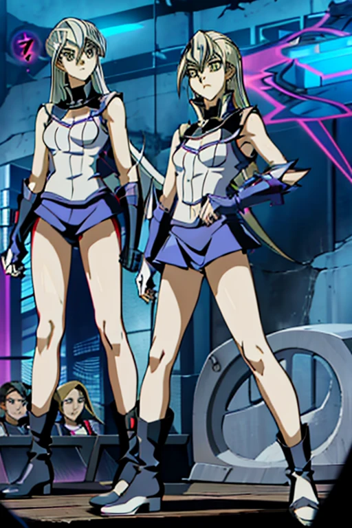 ultra-detailed, Explicit, Beautiful body, Beautiful Nose, Beautiful character design, perfect eyes, perfect face, ultra highres, 4K, beautiful legs, perfect legs, Nice hands, Perfect hand, Masterpiece, Best Quality, Highly detailed, illustration, absurdres, expressionless, blank eyes, looking at viewer, emotionless, white, latex, corrution, mind control, female combatant, full body, hypnotized, unhappy trance, both arms at side, stand up straight, obey, perfect female body, extremely glossy latex, hypnosis, hypnoLora, empty eyes, Mind control device, poses, brainwashed, submissive_pose, Slave, stand up straight, standing, standing at attention, latex, large breasts, duel academy uniform \(yu-gi-oh! gx\), (white obuniform:1.3), sleeveless, bare shoulders, elbow gloves, white gloves, fingerless gloves, (white skirt:1.3), (white jacket:1.3), (white footwear:1.3), boots, (white miniskirt:1.3), Grace Tyler, Yu-Gi-Oh! Arc-V, white hair, yellow eyes, long hair