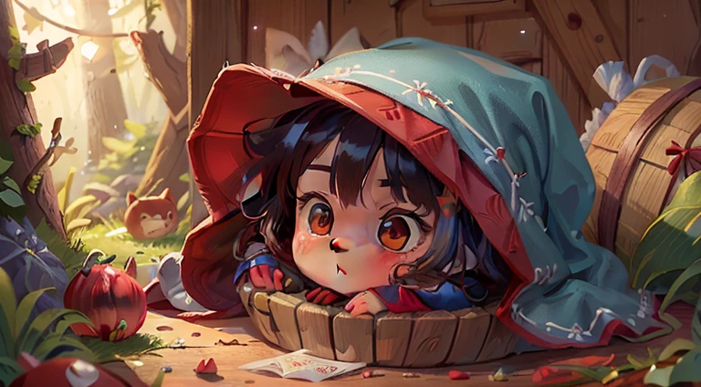 (Cute little girl s) (5 to 6 years) Diamante, natta, Dark (Dark: 0.8) (Clutter - home: 0.8), (tmasterpiece: 1.2) (Realist: 1.2) (bokeh) (Better quality) (Complicated details) (8K) (lock focus), (delicate skin: 1.2) Little Red Riding Hood is wearing a light blue dress，Wearing a bright red hat，In the dense forest，Little Red Riding Hood meets a sinister gray。Wolf standing in front of the path，cunning eyes，Little Red Riding Hood stopped，Expression becomes alert。her basket fell to the floor，The food inside was scattered all over the floor。