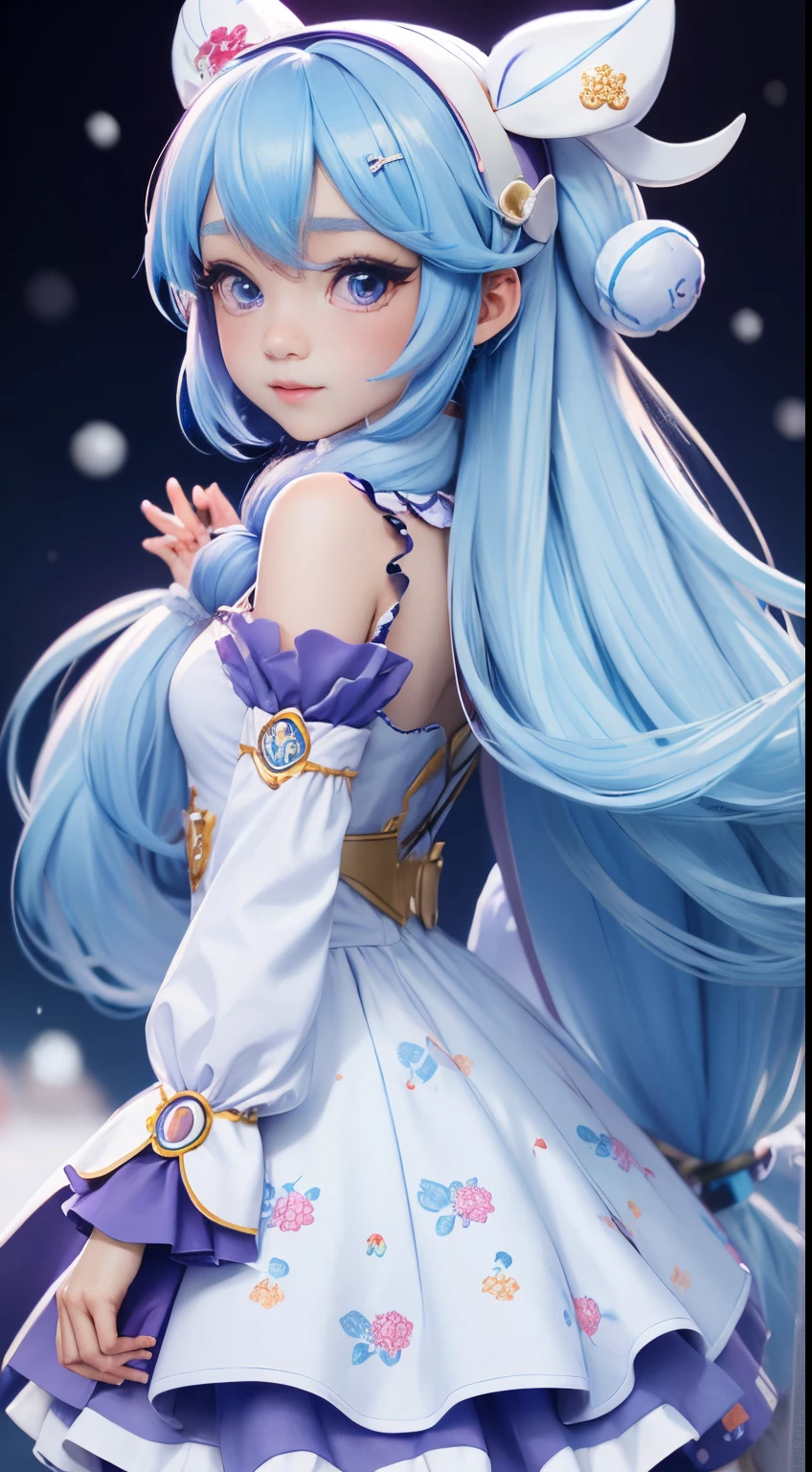 1girll, Solo, Yuki Miku, Long hair, double tails, (Light blue hair:1.2), Purple eye, ((snowflower_print;1.3)), snowflower_Hair_decorations, Detached sleeves, Puffy sleeves, puffy detached sleeves, Pedras preciosas, jewelry, corsage, No shoulder strap, nevando, head gear, Princess, (tchibi_Style:1.2), Yuki_Os amigos_(2019), ((White collar)), Cute, can't be this cute,