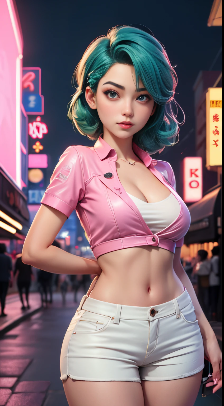 1girl, ((adorable,beautiful)), japan girl, perfect body, blush, Braided Half-Up Princess Hairstyle, green hair,
fit white shirt, cleavage, short pants, shine lips,((detailed eyes)), perfect body, thighs,
posing in front of neon buildings, ((pink neon signs, neon buildings background)), Tokyo, Artgerm, cyberpunk style, retrowave,
((realistic)), soft lighting, night, 8k, (masterpiece, best quality:1.5), ultra detailed, depth of field, looking at viewer, ((cowboy shot)), dramatic, (((bokeh))),