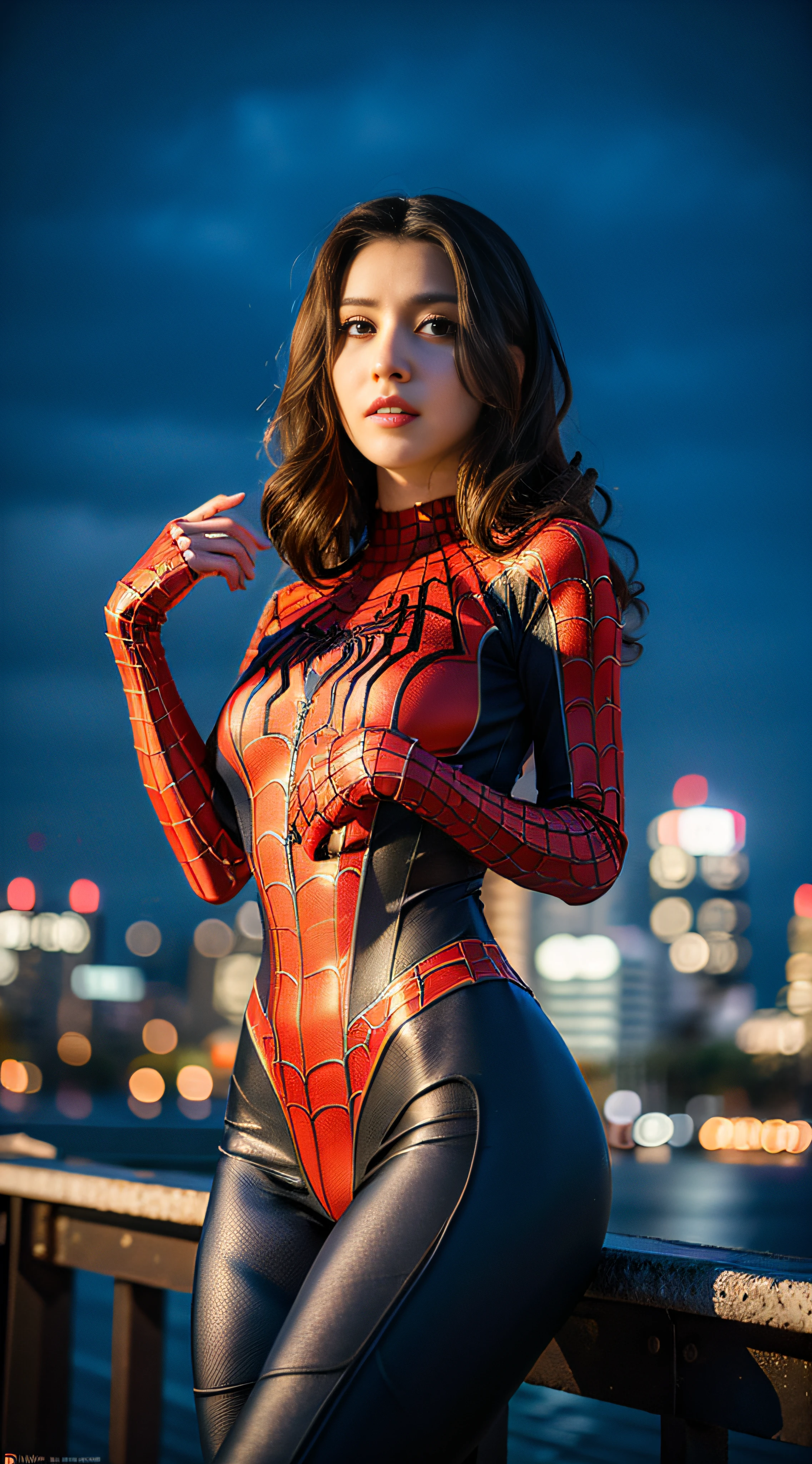 (wearing spiderwoman_cosplay_outfit:1.1), in front of a sky, 
good hand,4k, high-res, masterpiece, best quality, head:1.3,((Hasselblad photography)), finely detailed skin, sharp focus, (cinematic lighting), night, soft lighting, dynamic angle, [:(detailed face:1.2):0.2], large breasts, outside,Naked,nudity