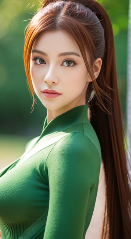 mechanical suit、redhair、Green eyes、poneyTail、束缚,gargantilha,nsfw,((top-quality、8k、masterpiece:1.3))、Crisp focus:1.2、(layers-Cut、huge tit:1.2),Beautiful woman with perfect body shape:1.4、Highly detailed facial and skin texture、A detailed eye、二重まぶた,Longhaire