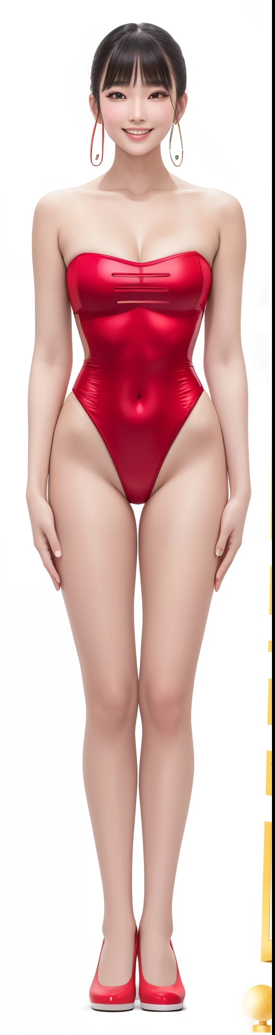 on the white background,a tall and beautiful chinese girl,with fair skin,Toothy smile,Hefty Smile,When you laugh, Your eyes are crescent-shaped,blunt bangs, hair straight,Wear a one-piece swimsuit and pumps,Swimsuits are decorated with joyful patterns, standing straight,stand firm,hands on sides,Symmetrical distribution,Ray tracing,All shaded areas, led floodlights, forward light, 1.4x True-to-life Ultra HD