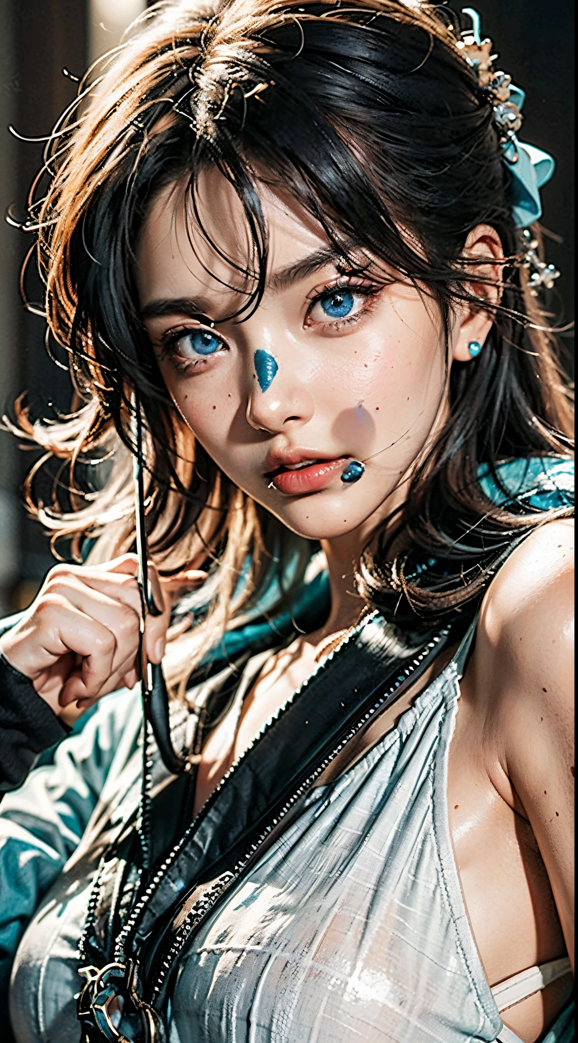 Best picture quality, masterpiece, ultra high resolution, (fidelity :1.4), photo, 1 girl,[(sadness)],white shirt, Dim, dark, desperate, pitying, pitiful, cinematic,tear,teardrop,(Torn clothes:1.5), (Wet clothes:1.4), bare shoulders,Real rain,wet hair,..