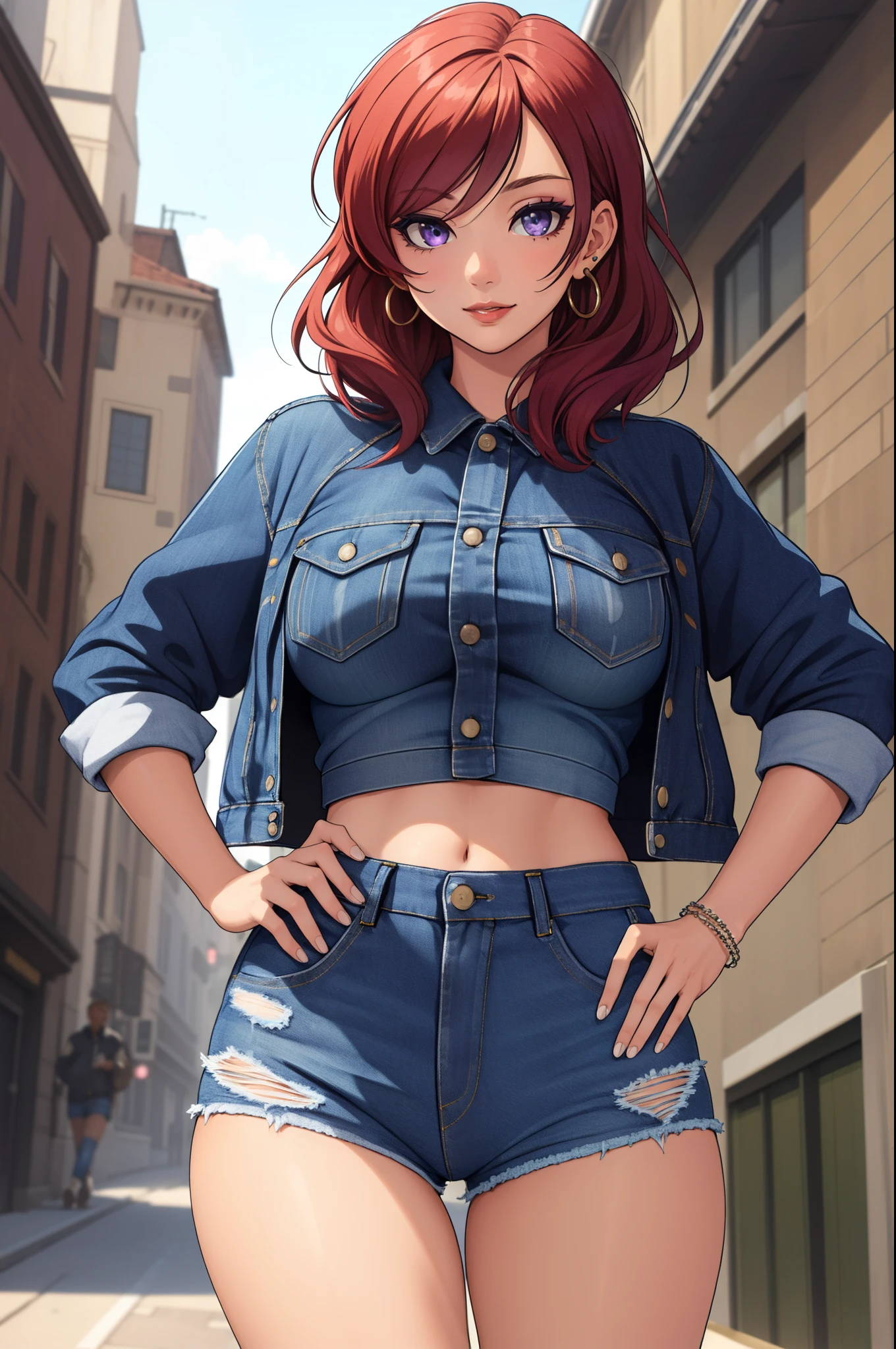 (Masterpiece, Best Quality, High Quality:1.4), professional artwork, well drawn, Intricate Details, field of view, pov, from below 
Nishikino maki, race background, afternoon, 
Red hair, lipstick, makeup, ultra detail hair, ultra detail face, perfect eyes, perfect face, earring, purple eyes, big breasts,Looking at Viewer, flirting, one hand on hip,
Tight short denim shorts, crop jacket, sweater.