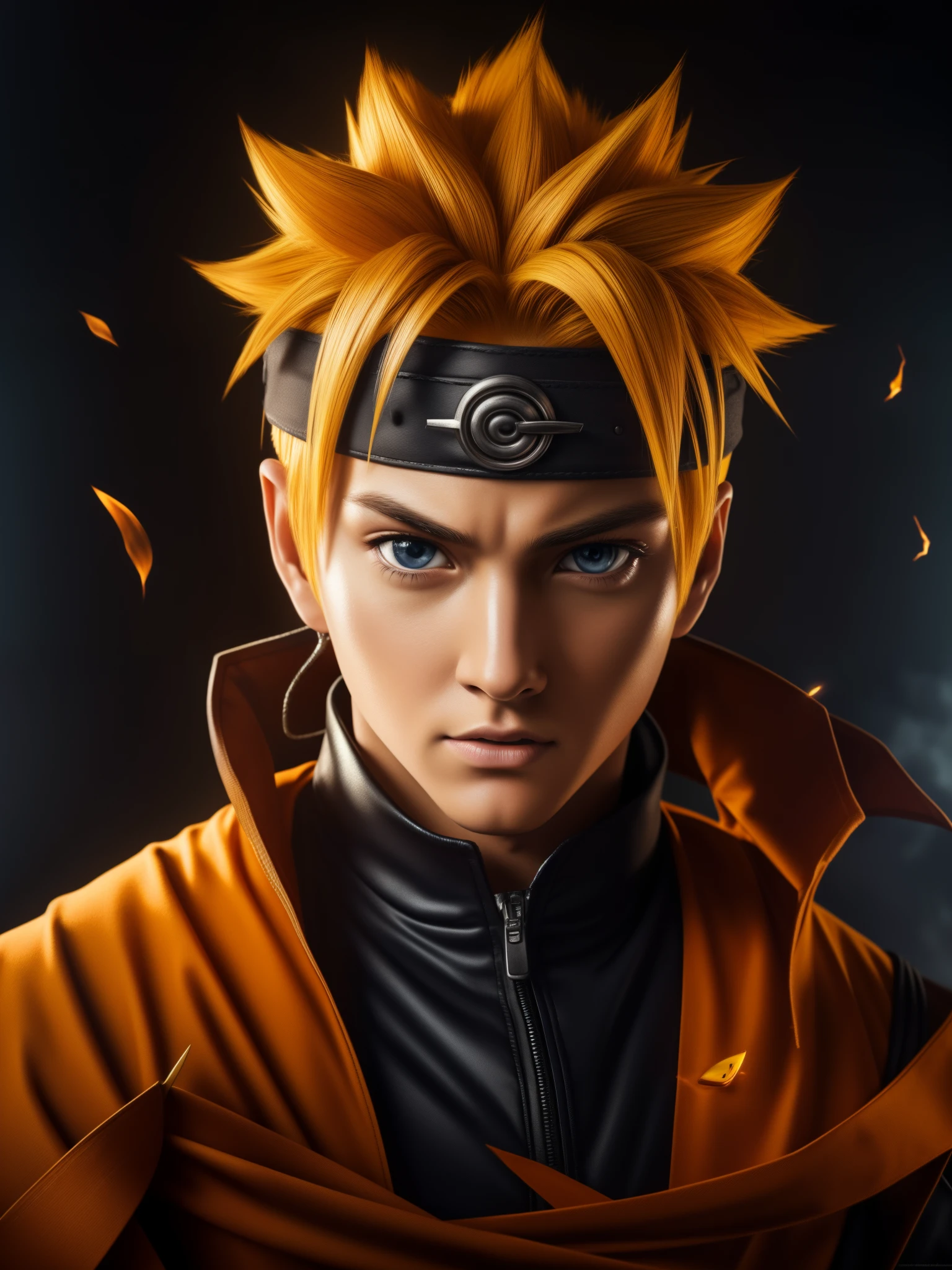 (best quality,4k,8k,highres,masterpiece:1.2), ultra-detailed,(realistic,photorealistic,photo-realistic:1.37), uzumaki naruto, detailed eyes and face, spiky blonde hair, orange jumpsuit, determined expression, ninja headband, intense battle scene, dynamic pose, vibrant colors, powerful lightning jutsu, swirling chakra, mountainous backdrop, dramatic lighting.