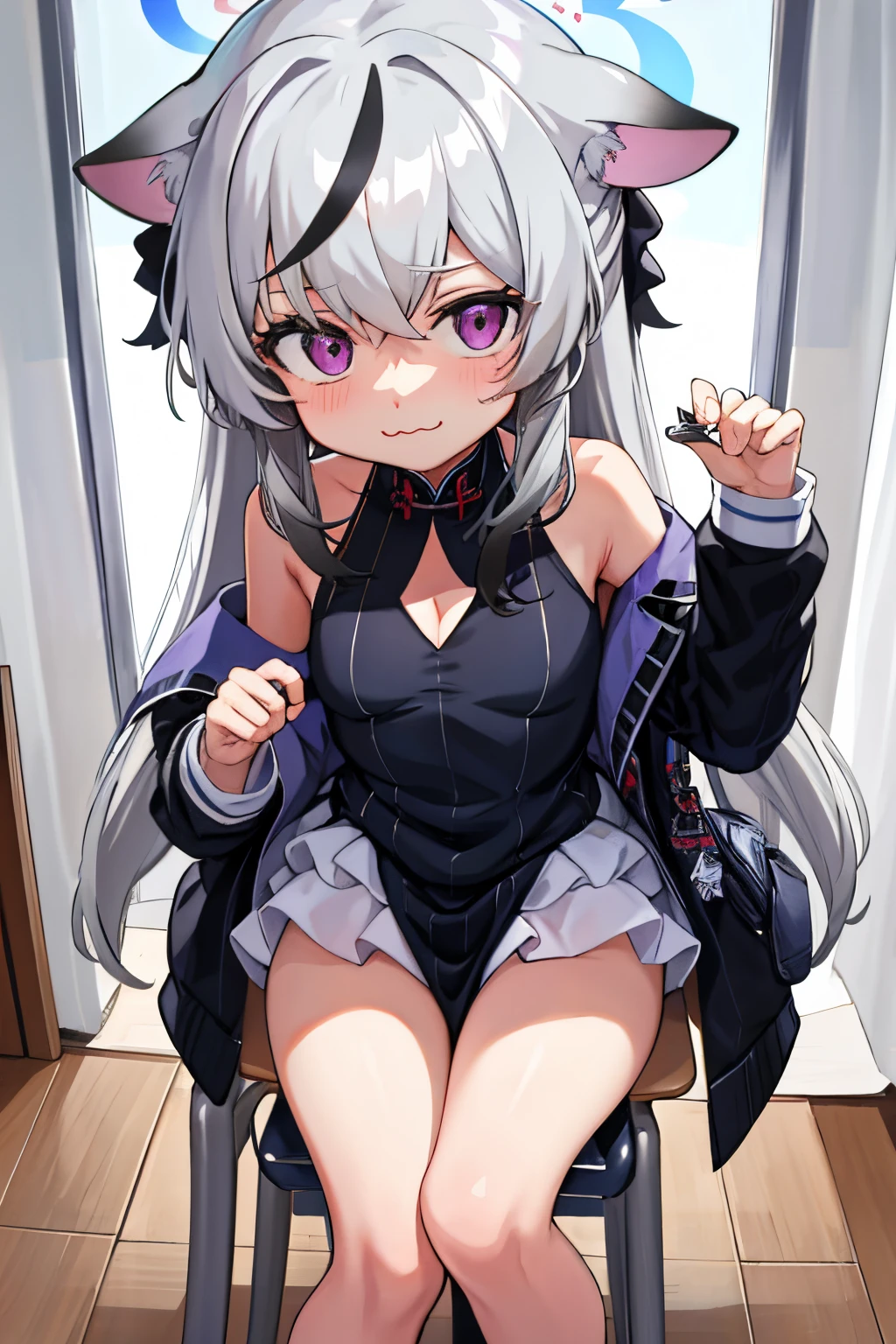 tmasterpiece, best qualtiy, ultra - detailed, 1girll,Gray hair Kokona, inside in room, Purple eye, :3,the face, closeup cleavage, in a bikini, at school