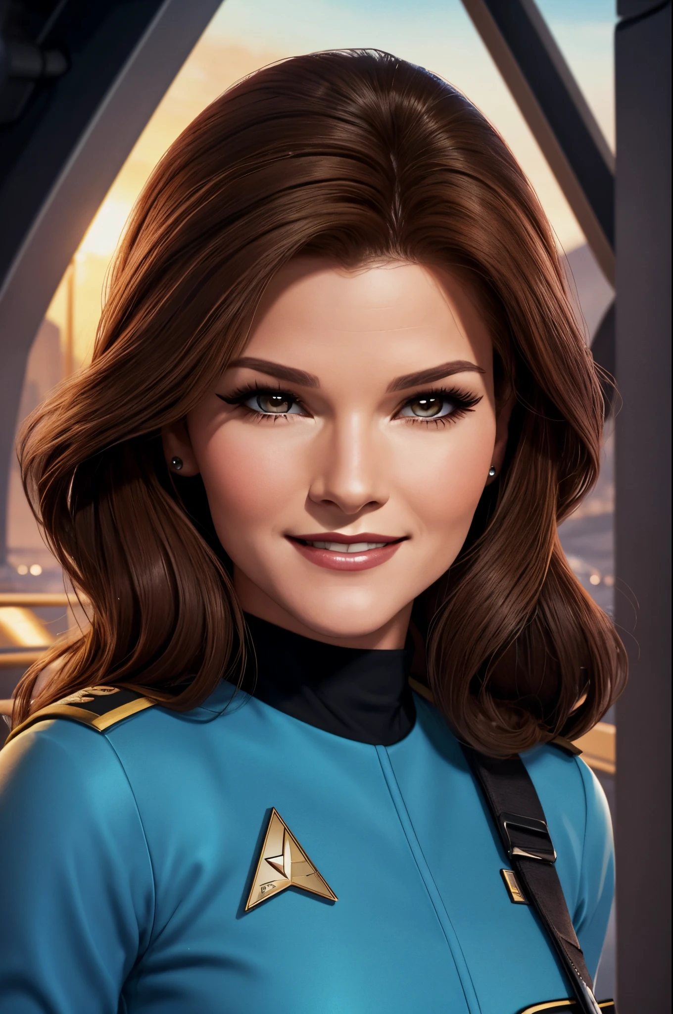 a 20 year old sexy space babe, beautiful captain Janeway with long luscious brown hair, eyeliner, lipstick, eyeshadow, flirty smile, cute glint in her eye, youthful enthusiasm, on the bridge of the enterprise, wearing a tng uniform, refined face detail,