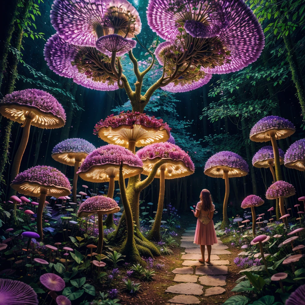 A girl surrounded by magical plants, vibrant colors, and intricate details, (best quality, 4k, highres, masterpiece:1.2), enchanting lighting, dreamy and surreal atmosphere, realistic and mesmerizing flower petals, fantasy landscape with ethereal trees, sparkling leaves, and glowing mushrooms, mystical creatures blending into the flora