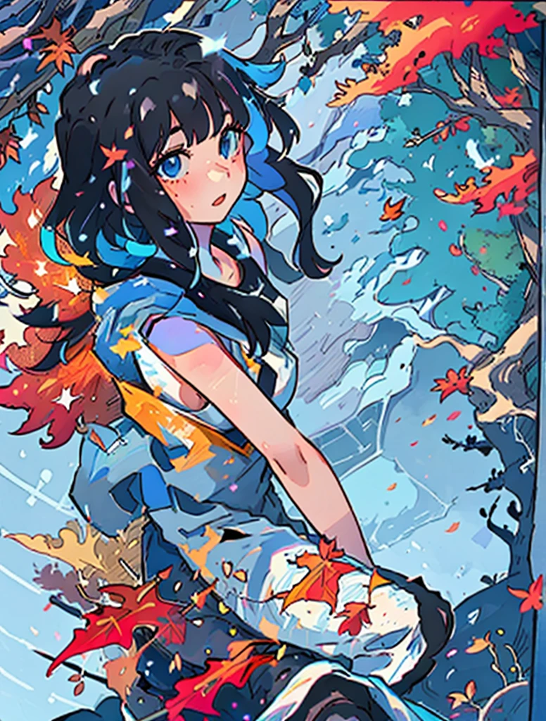 a girl with black medium-length hair.
Depict her in a scene filled with maple trees and falling maple leaves, her eyes revealing a sense of anticipation and excitement.
Background color tone in orange.
Create an atmosphere rich with maple trees and falling leaves, the scene more vibrant and unique.
Emphasize the girl's blue eyes, capturing the anticipation and excitement reflected in her gaze.
Describe the girl wearing a white tank top and cargo pants, comfortable attire suitable for adventure.
show her sideboob.
Highlight her medium-length black hair, enhancing the overall presentation of her adventure under the maple trees.