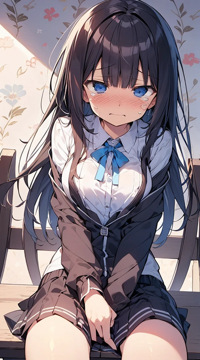 masutepiece, Best Quality,Illustration, Wallpaper, Ultra Detail, Lori、(((molesting)))、((fear:1.3))、(Teary-eyed:1.5)、(((Cute underwear)))、ample breasts、student clothes、Semi-long hair、made to sit and spread legs