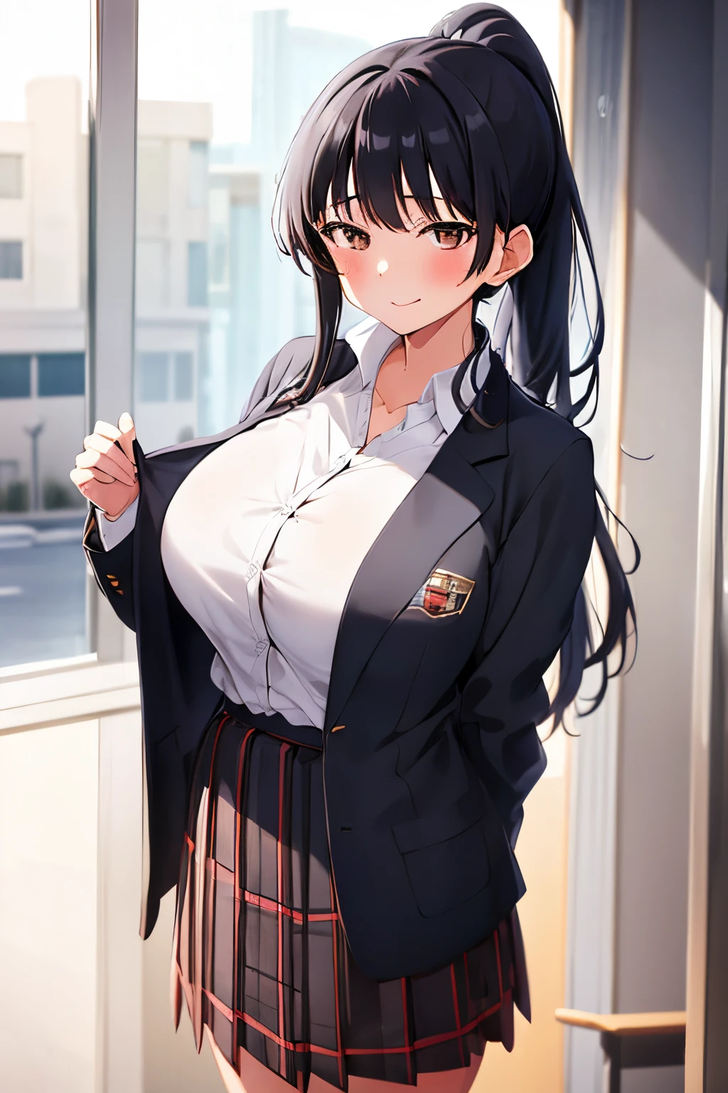 Anna Yamada, School uniform, big breast, 1girl, Ponytail, black hair, plaid, Long hair, only, brown eyes, blushing, breasts, bangs, closed mouth, bare shoulders, top quality, high resolution.