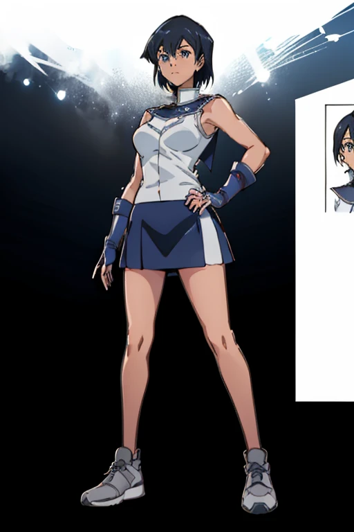 ultra-detailed, Explicit, Beautiful body, Beautiful Nose, Beautiful character design, perfect eyes, perfect face, ultra highres, 4K, beautiful legs, perfect legs, Nice hands, Perfect hand, Masterpiece, Best Quality, Highly detailed, illustration, absurdres, expressionless, blank eyes, looking at viewer, emotionless, white, latex, corrution, mind control, female combatant, full body, hypnotized, unhappy trance, both arms at side, stand up straight, obey, perfect female body, extremely glossy latex, hypnosis, hypnoLora, empty eyes, Mind control device, poses, brainwashed, submissive_pose, Slave, stand up straight, standing, standing at attention, latex, large breasts, duel academy uniform \(yu-gi-oh! gx\), (white obuniform:1.3), sleeveless, bare shoulders, elbow gloves, white gloves, fingerless gloves, (white skirt:1.3), (white jacket:1.3), (white footwear:1.3), boots, (white miniskirt:1.3), white uniform, white obelisk uniform, SummerTime Rendering, Kofune Mio, dark skin, black hair, blue eyes, short hair